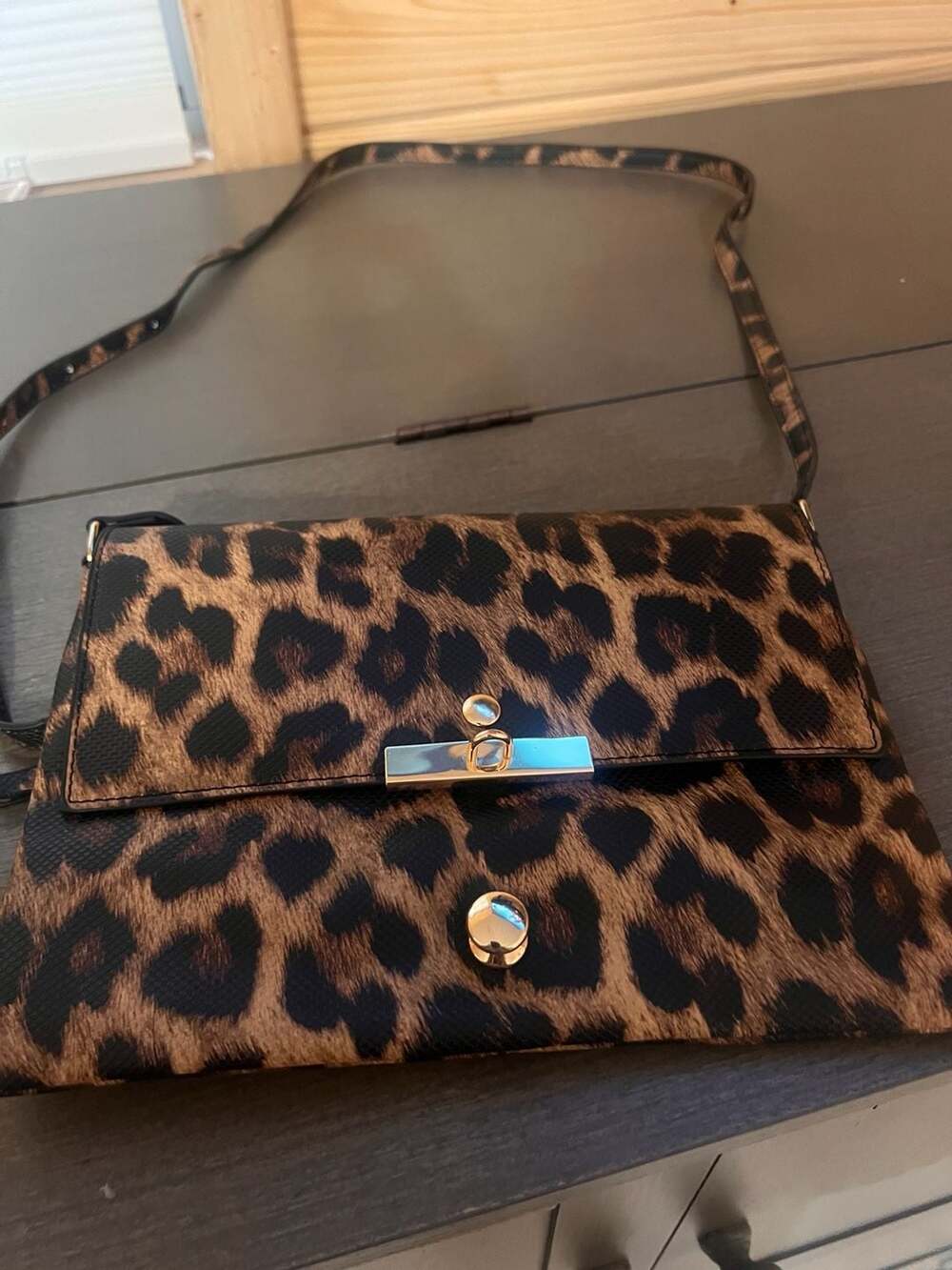 Leopard Print Textured Faux Leather Crossbody Shoulder Bag with Gold Turn-Lock C